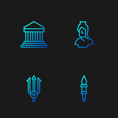 Set line Torch flame, Neptune Trident, Parthenon and Ancient bust sculpture. Gradient color icons. Vector