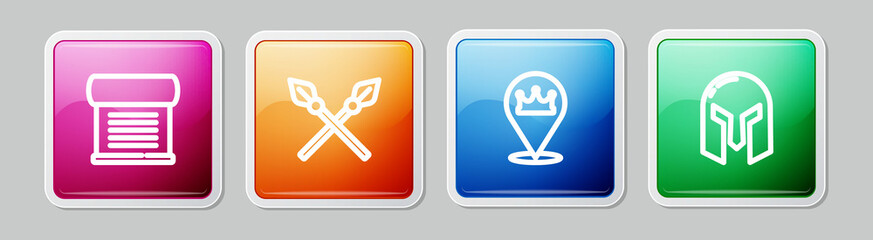 Set line Decree, parchment, scroll, Crossed medieval spears, Location king crown and Medieval iron helmet. Colorful square button. Vector