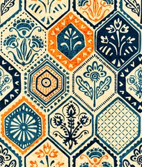 Papier peint Portugal carreaux de céramique Modèle sans couture de carreaux hexagonaux. Texture grunge. Motifs ethniques et tribaux. Fait main. Imprimé patchwork. Illustration vectorielle.