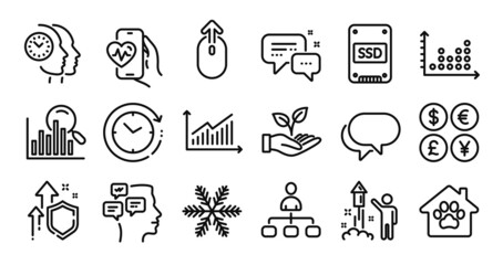 Pet shelter, Management and Dot plot line icons set. Secure shield and Money currency exchange. Messages, Search and Employees messenger icons. Fireworks, Time management and Ssd signs. Vector