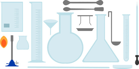 Chemistry apparatus including various types of beakers, test tube, lab spoons, funnel, Petri dish, dropper and burner.
