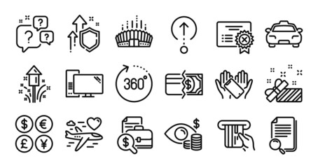 Present, Search file and 360 degrees line icons set. Secure shield and Money currency exchange. Arena stadium, Credit card and Accounting report icons. Vector