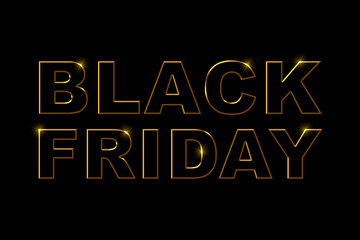 Black Friday header. Stylish 3D lettering in black and gold isolated on black background with copy space. Design template for your shopping promotion or business advertising.