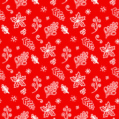 Winter red background with white hand drawn decorative elements
