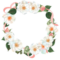 水玉模様のリボンのついた白い薔薇の花とピンクのつぼみと植物のリース白バックフレームイラスト素材