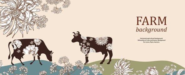 Horizontal agricultural background. Silhouettes of cows and flowers.