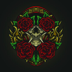 artwork illustration and t shirt design skull mask and rose  engraving ornament