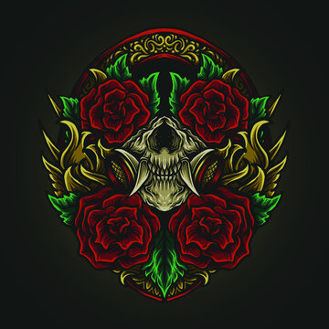 artwork illustration and t shirt design skull mask and rose  engraving ornament