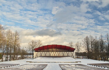 Skrunda town bandstand in sunny winter day, Latvia.