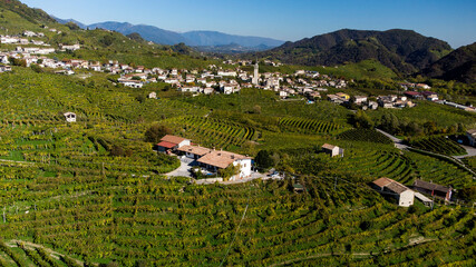 aerial vier of Valdobbiadene hill and prosecco vineyard