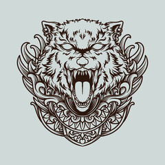 tattoo and t shirt design black and white hand drawn wolf head engraving ornament