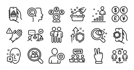 Stats, Face declined and Use gloves line icons set. Secure shield and Money currency exchange. Food app, Vision test and Survey icons. Security, Covid app and Hand washing signs. Vector