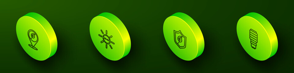Set Isometric line Location with leaf, Solar energy panel, Shield and LED light bulb icon. Vector