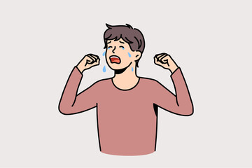 Unhappy little teenage boy child crying lack parent attention. Upset ill-behaved naughty teen kid burst into tears. Parenting and childcare problem concept. Childcare. Flat vector illustration.