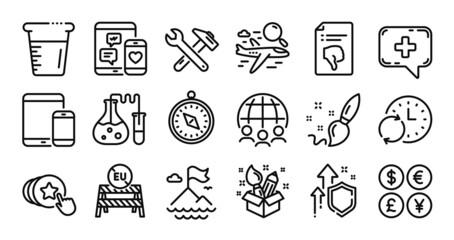 Thumb down, Cooking beaker and Hold heart line icons set. Secure shield and Money currency exchange. Chemistry lab, Spanner tool and Global business icons. Vector