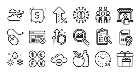 Payment message, Delivery market and Group people line icons set. Secure shield and Money currency exchange. Reject web, Certificate and Apple icons. Vector
