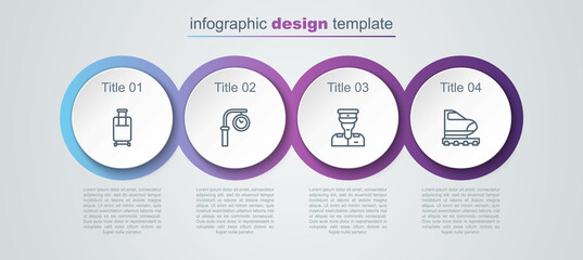 Set line Suitcase, Train station clock, conductor and High-speed train. Business infographic template. Vector