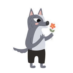 Gray romantic character wolf with a flower in its paws.