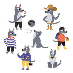 Naklejka premium Set of vector cartoon gray wolf in different poses and images