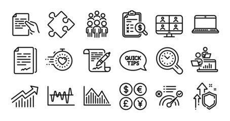 Stock analysis, Timer and Teamwork line icons set. Secure shield and Money currency exchange. Strategy, Accounting report and Notebook icons. Vector