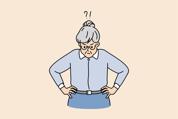 Angry old Caucasian woman teacher feel frustrated confused with school problems. Unhappy mad senior grandmother displeased dissatisfied with life. Maturity concept. Flat vector illustration. 