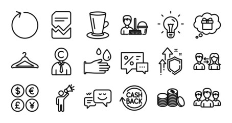 Happy emotion, Banking money and Cleaning service line icons set. Secure shield and Money currency exchange. Cashback, Gift dream and Corrupted file icons. Vector