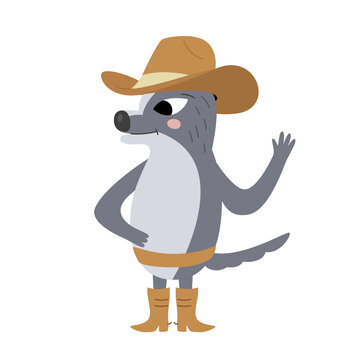 Gray cartoon wolf in the image of a cowboy with a hat. Vector illustration of character and wild animal in flat style
