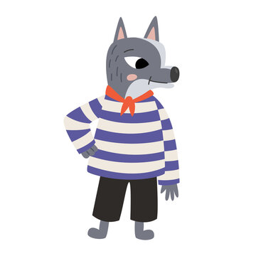 Gray cartoon wolf in the image of a sailor in a vest. Vector illustration of character and wild animal in flat style