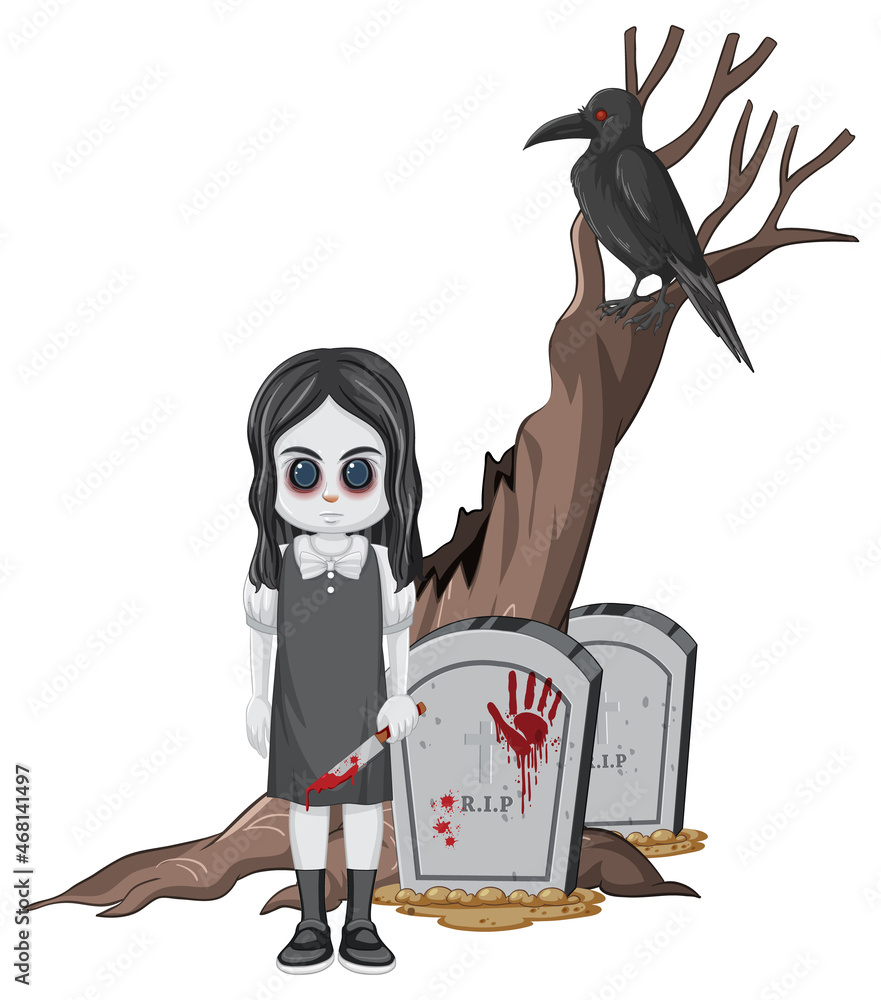 Poster Little ghost girl with gravestone and crow