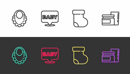 Set line Baby bib, , socks clothes and food on black and white. Vector