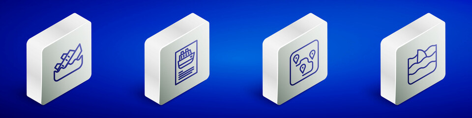 Set Isometric line Sinking cruise ship, Cruise, Route location and Shark fin ocean wave icon. Vector