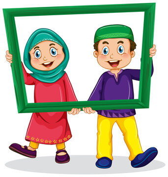 Cute muslim boy and girl photo on wooden frame