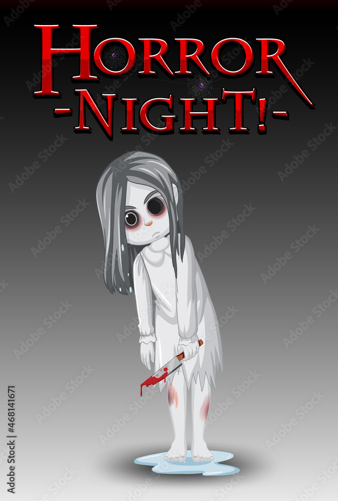 Poster Horror night logo with little ghost girl with black eyes