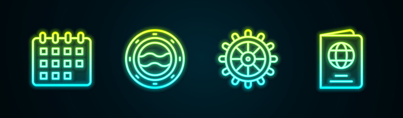 Set line Calendar, Ship porthole with seascape, steering wheel and Passport. Glowing neon icon. Vector