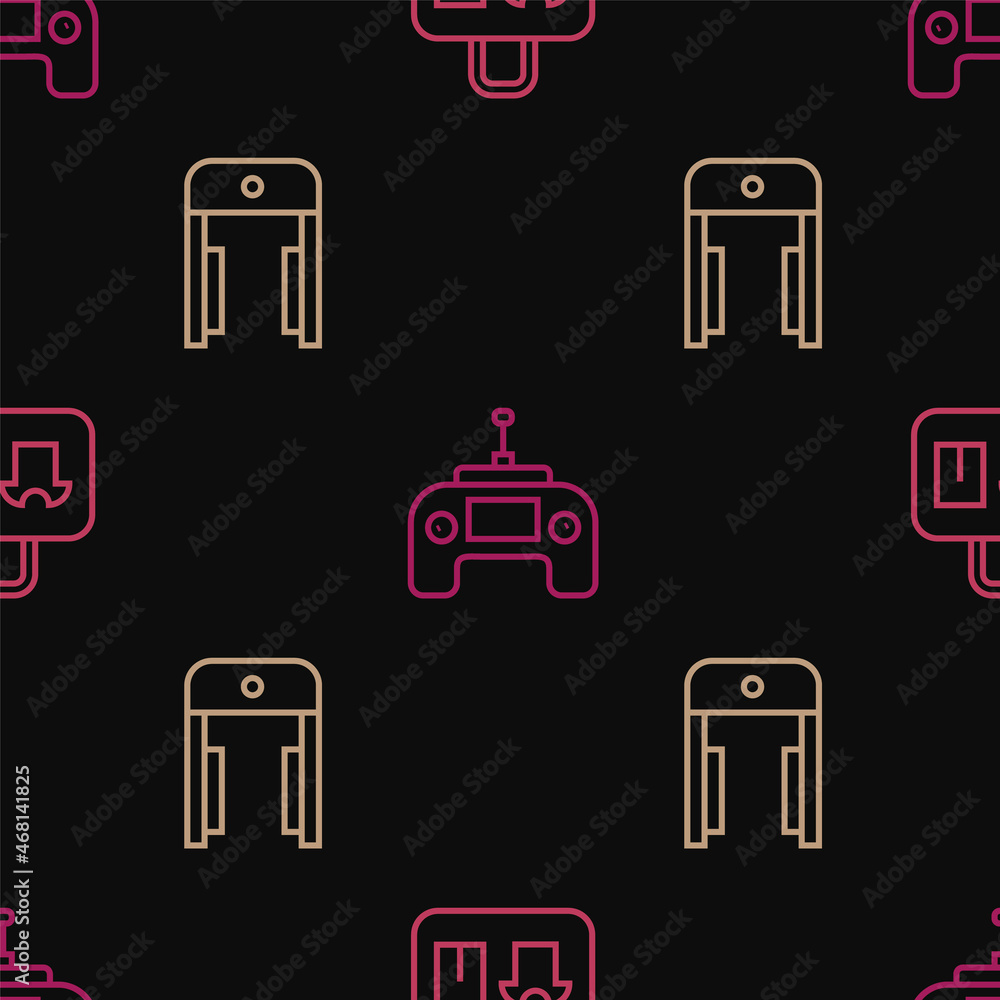 Poster set line suitcase, metal detector in airport and drone remote control on seamless pattern. vector