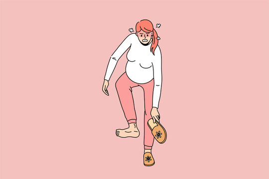 Angry pregnant woman bend with huge belly try wear sleepers. Unhappy mad mom to be suffer from last month pregnancy outcomes and problems, unable to dress. Flat vector illustration. 