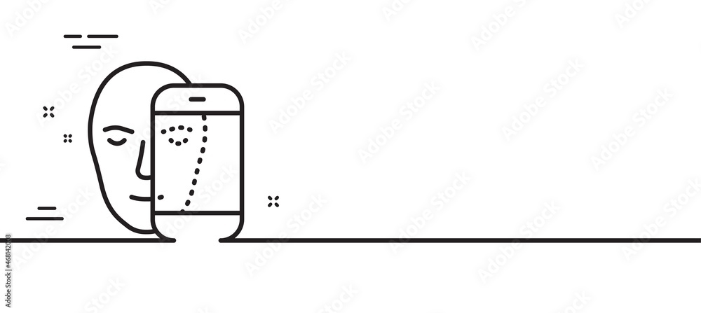 Poster face biometrics line icon. facial recognition by phone sign. head scanning symbol. minimal line illu