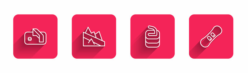 Set line Ice hockey goal, Mountain descent, Stone for curling and Snowboard with long shadow. Red square button. Vector