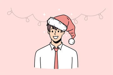 Portrait of smiling businessman in Santa Claus hat celebrate New Year. Happy man boss or employee have Christmas celebration or party. Winter holiday or vacation concept. Vector illustration. 