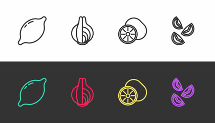 Set line Lemon, Onion, Kiwi fruit and Tomato on black and white. Vector