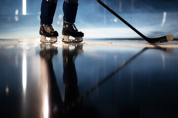 ice hockey player with a hockey stick is kneeling