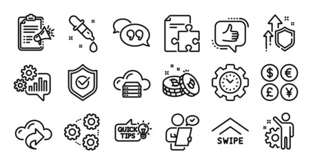 Like, Education idea and Bitcoin line icons set. Secure shield and Money currency exchange. Chemistry pipette, Quote bubble and Cogwheel icons. Swipe up, Customer survey and Cloud share signs. Vector