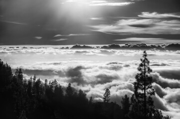 Kunstvolle Landschaftsaufnahme einer Wolkendecke im Sonnenuntergang als schwarz weiß Aufnahme