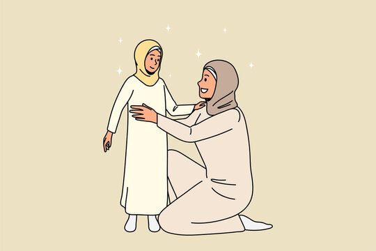 Caring moslem mother in traditional clothes hug cuddle small Islamic kid show love and support. Happy muslim mom embrace little Islam child. Culture, religion concept. Vector illustration. 