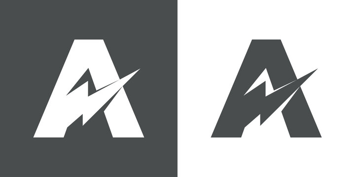 S&iacute;mbolo energ&iacute;a el&eacute;ctrica. Logotipo con letra inicial A con forma de relampago en fondo gris y fondo blanco