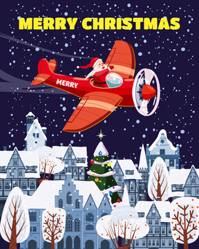 Santa Claus flying on vintage plane, delivering gift boxes, night city background. Christmas poster, banner retro cartoon style illustration