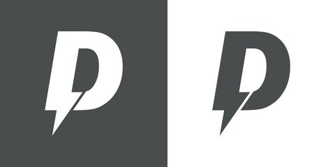 Símbolo energía eléctrica. Logotipo con letra inicial D con forma de relampago en fondo gris y fondo blanco