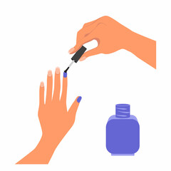 Female manicured hands and nail polish. Lady painting nails. Hand drawn colored trendy vector illustration