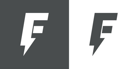 Símbolo energía eléctrica. Logotipo con letra inicial F con forma de relampago en fondo gris y fondo blanco