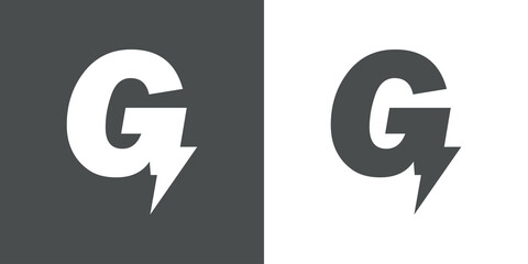 Símbolo energía eléctrica. Logotipo con letra inicial G con forma de relampago en fondo gris y fondo blanco